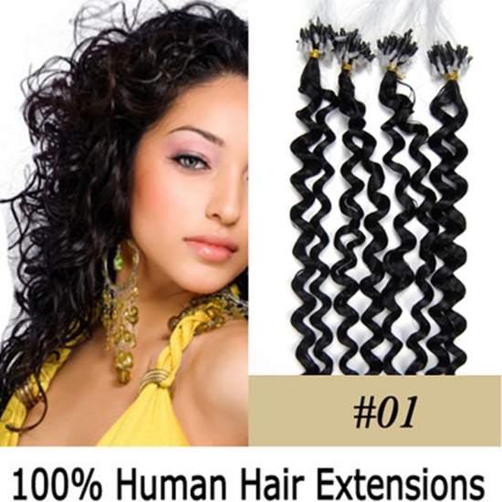 20" 100pcs/Set Curly Micro Ring Loop Hair Remy Human Hair Extensions #01 Jet black - Click Image to Close