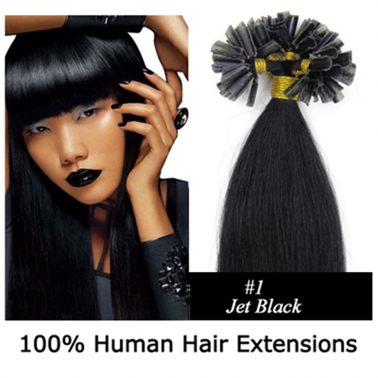 16"18"20"22"26"100pcs/Set Nail Tip Hair Keratin U Tip Remy Human Hair Extensions #01 Jet black - Click Image to Close