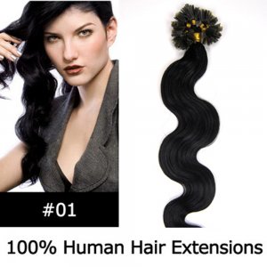 20" 100pcs/Set Wavy Nail Tip Hair Keratin U Tip Remy Human Hair Extensions #01 Jet black