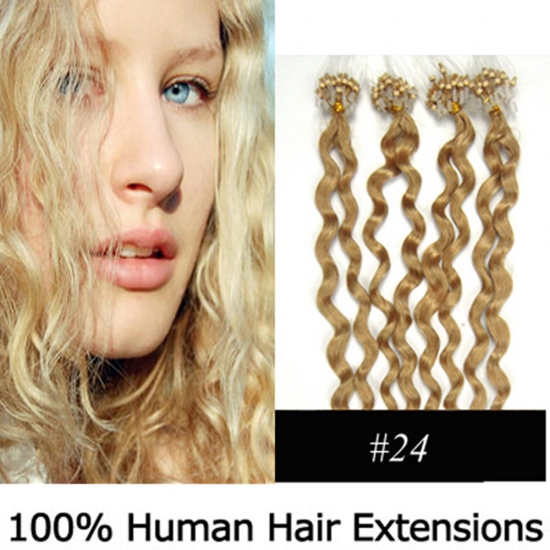 20" 100pcs/Set Curly Micro Ring Loop Hair Remy Human Hair Extensions #24 Medium blonde - Click Image to Close