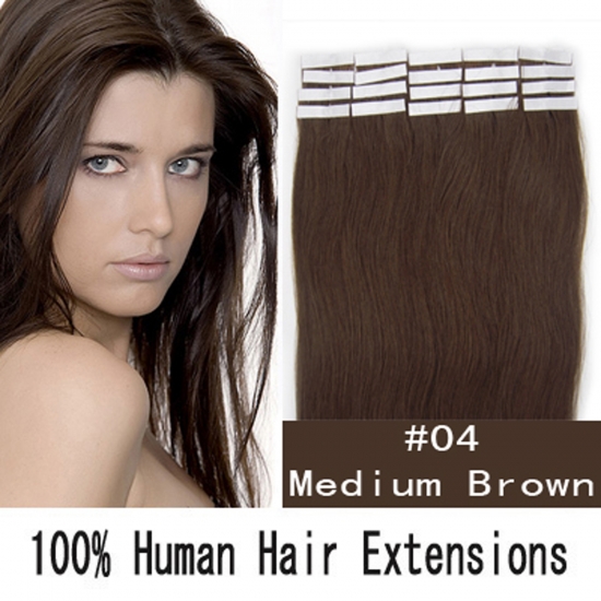 16"18"20"22"24" 20pcs/set Straight Tape in Remy Human Hair Extensions #04 Medium brown - Click Image to Close