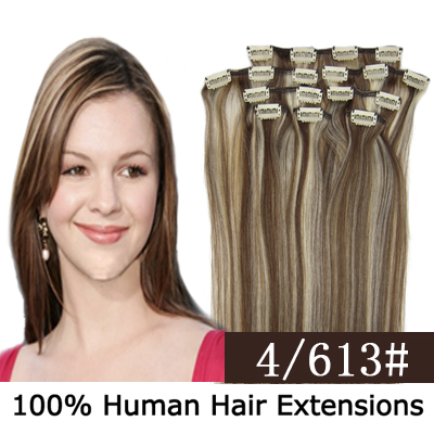 20"8Pcs 100g/set Clip In/On Remy Human Hair Extensions #4/613